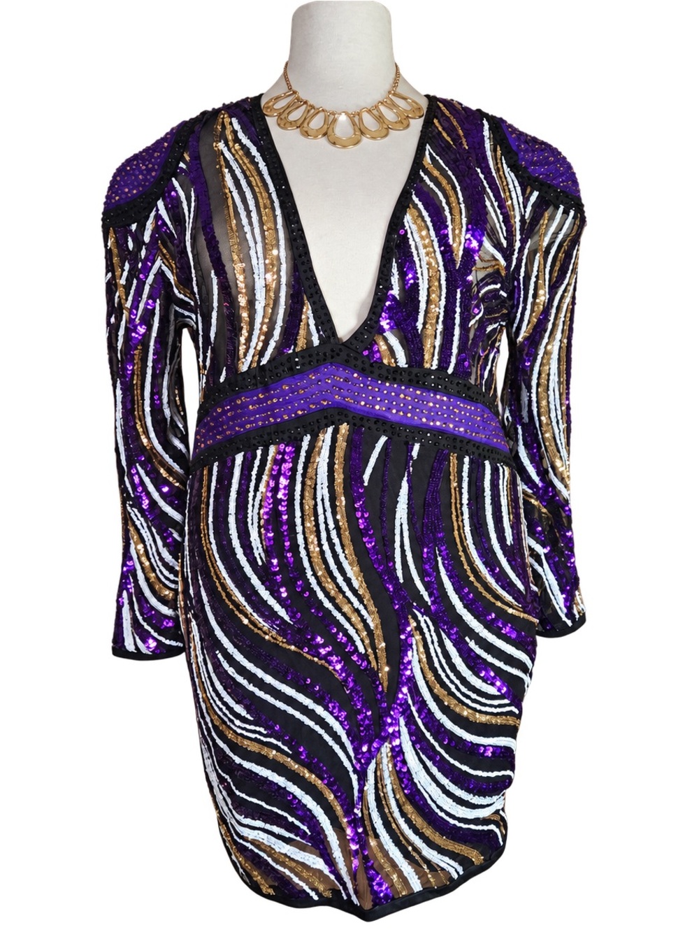 Fashion Nova Purple, Gold & White Sequin V-Neck Mini Dress